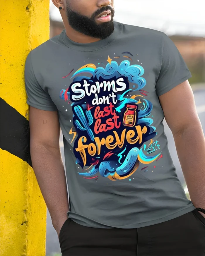Storms Don’t Last Forever Motivational T-shirt - model in grey shirt leaning against column
