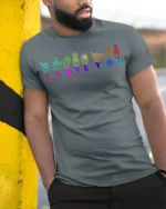 I Love You Sign Language T-shirt Neon Design - model in grey shirt leaning against column