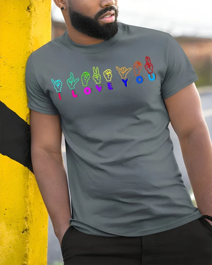 I Love You Sign Language T-shirt Neon Design - model in grey shirt leaning against column