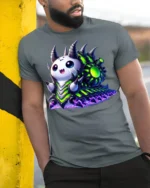 Cute Alien Monster T-shirt Sci-Fi Kawaii Style - model in grey shirt leaning against column