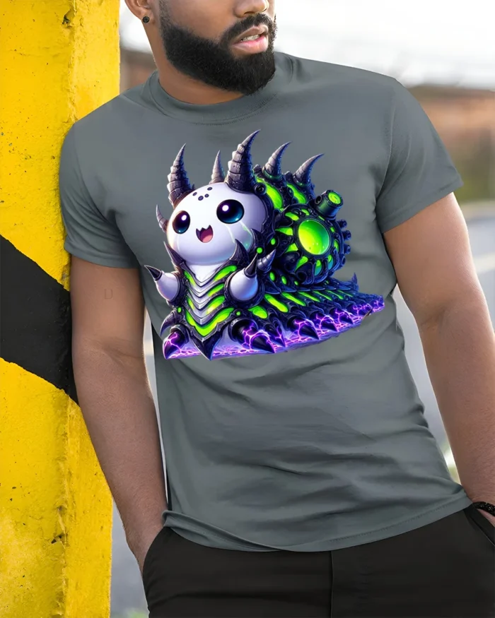 Cute Alien Monster T-shirt Sci-Fi Kawaii Style - model in grey shirt leaning against column