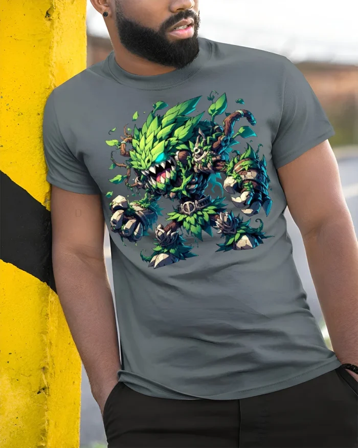 Leaf Monster Forest Guardian T-shirt Fantasy Art - model in grey shirt leaning against column