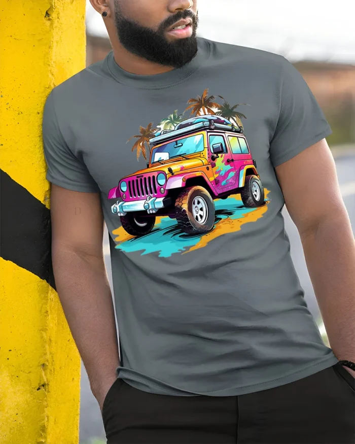 Colorful Beach Jeep Adventure Graphic T-shirt - model in grey shirt leaning against column
