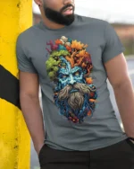 Forest Spirit Tree Wizard T-shirt Nature Art - model in grey shirt leaning against column