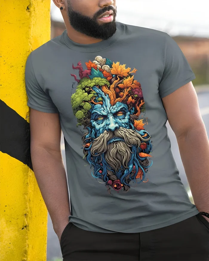 Forest Spirit Tree Wizard T-shirt Nature Art - model in grey shirt leaning against column