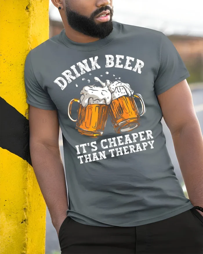 Drink Beer Cheaper Than Therapy T-shirt Funny - model in grey shirt leaning against column