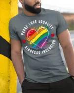 Peace Love Equality Pride Heart T-shirt - model in grey shirt leaning against column