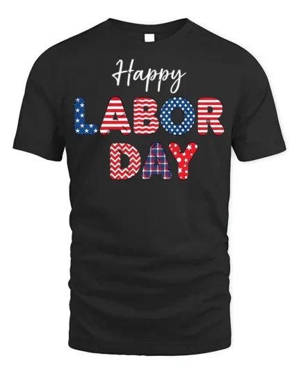 Happy Labor Day T-Shirt with USA Patterns - black t-shirt on white background