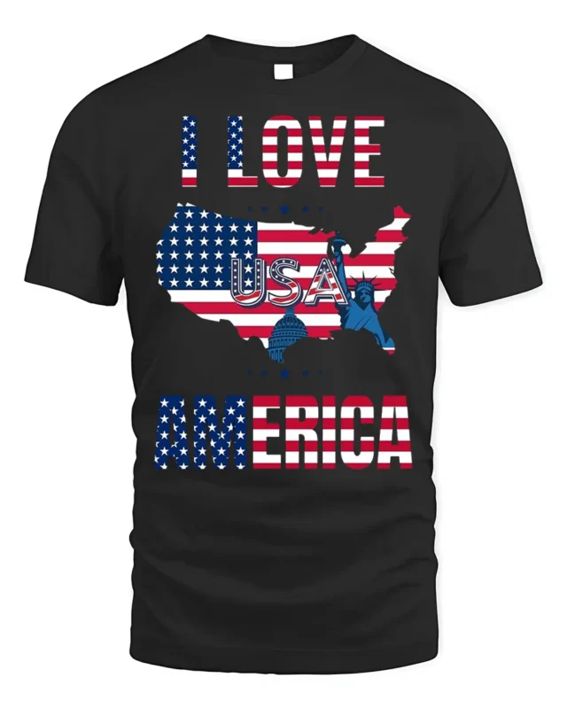 I Love America USA Flag Patriotic T-Shirt - black t-shirt on white background