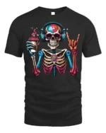 Colorful Coffee Skeleton Headphones T-Shirt - black t-shirt on white background