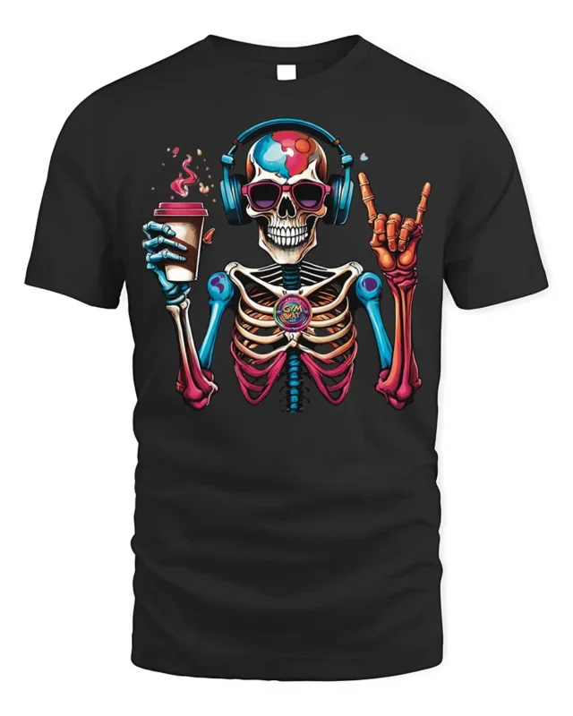 Colorful Coffee Skeleton Headphones T-Shirt - black t-shirt on white background