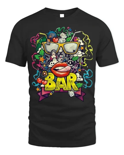 Retro Pop Art BAR Graphic T-Shirt for Adults - black t-shirt on white background