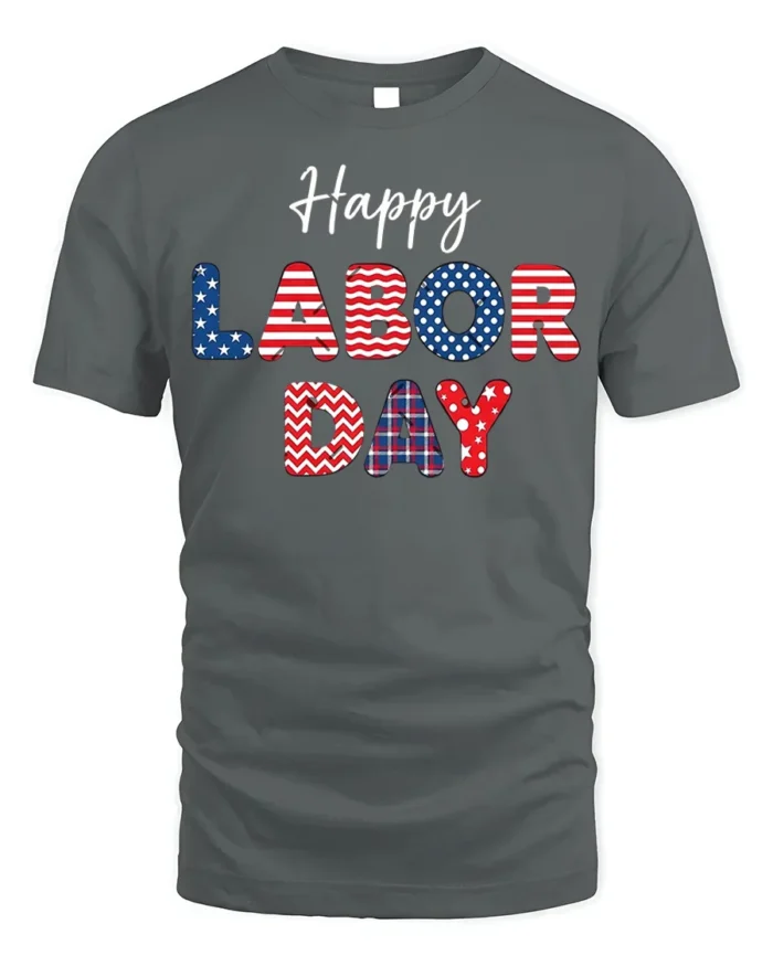 Happy Labor Day T-Shirt with USA Patterns - gray t-shirt on white background