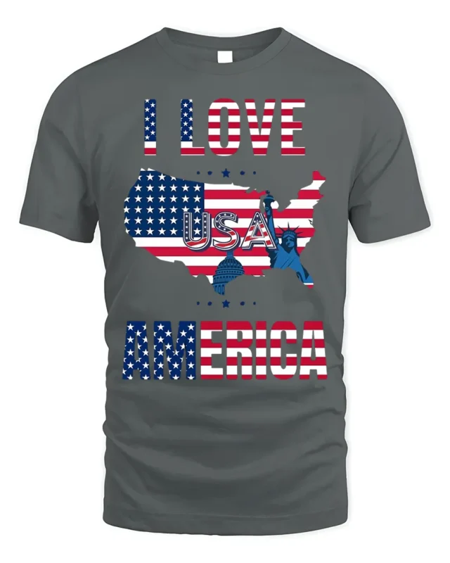 I Love America USA Flag Patriotic T-Shirt - gray t-shirt on white background