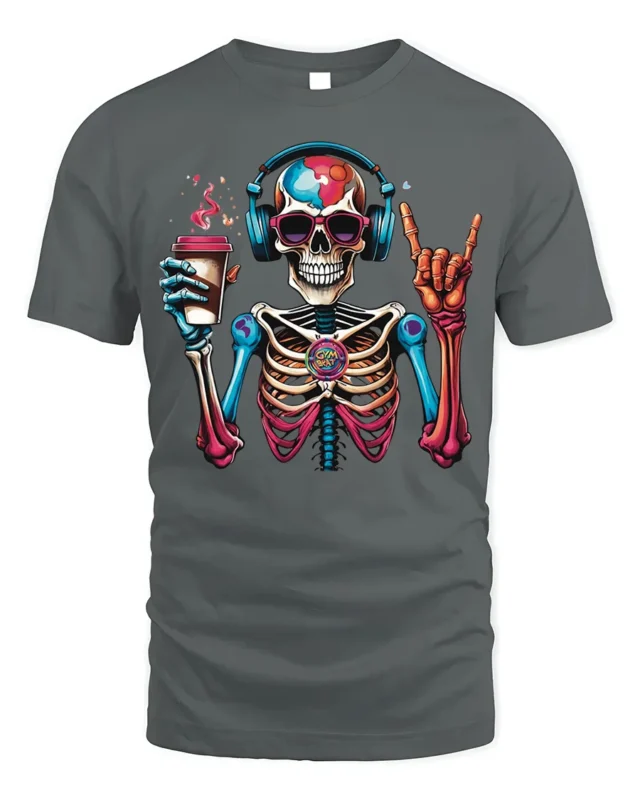 Colorful Coffee Skeleton Headphones T-Shirt - gray t-shirt on white background