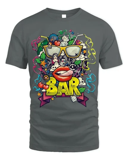 Retro Pop Art BAR Graphic T-Shirt for Adults - gray t-shirt on white background
