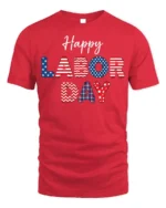 Happy Labor Day T-Shirt with USA Patterns - red t-shirt on white background