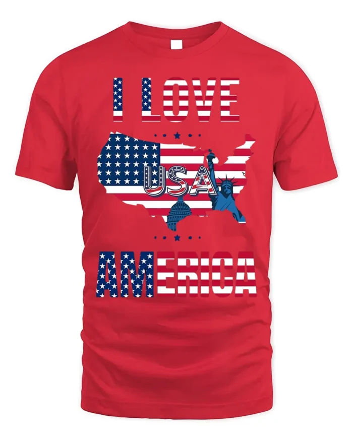 I Love America USA Flag Patriotic T-Shirt - red t-shirt on white background