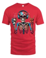 Colorful Coffee Skeleton Headphones T-Shirt - red t-shirt on white background