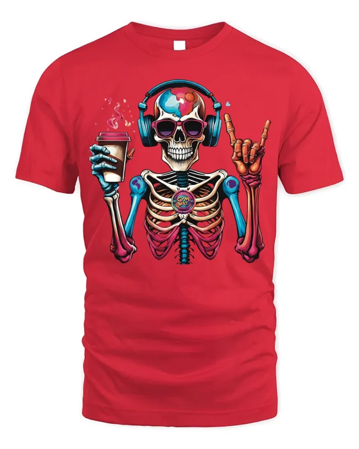 Colorful Coffee Skeleton Headphones T-Shirt - red t-shirt on white background