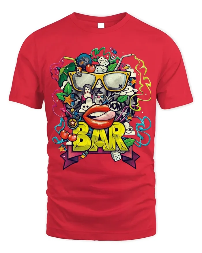 Retro Pop Art BAR Graphic T-Shirt for Adults - red t-shirt on white background