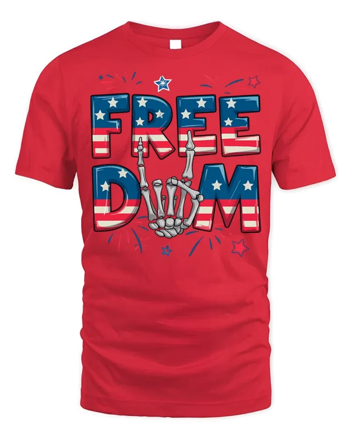 Freedom Skeleton Hand USA Flag T-Shirt - red t-shirt on white background
