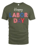 Happy Labor Day T-Shirt with USA Patterns - military green t-shirt on white background