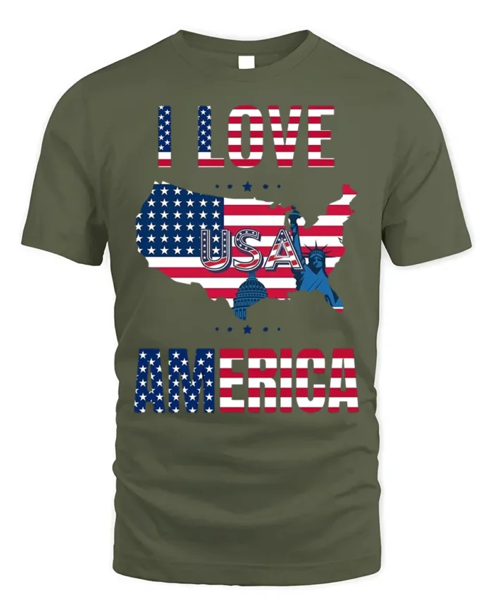 I Love America USA Flag Patriotic T-Shirt - military green t-shirt on white background