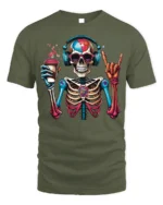 Colorful Coffee Skeleton Headphones T-Shirt - military green t-shirt on white background