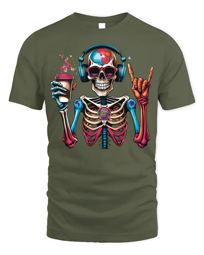 Colorful Coffee Skeleton Headphones T-Shirt - military green t-shirt on white background