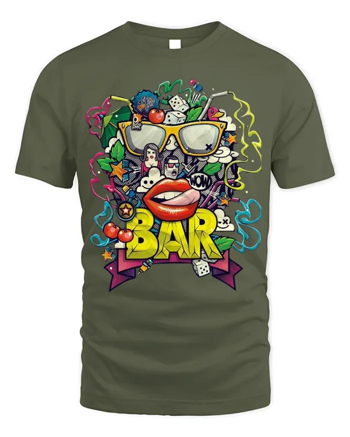 Retro Pop Art BAR Graphic T-Shirt for Adults - military green t-shirt on white background