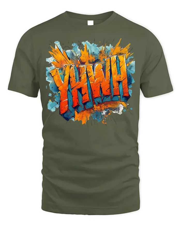 YHWH Graffiti Style Christian T-Shirt - military green t-shirt on white background