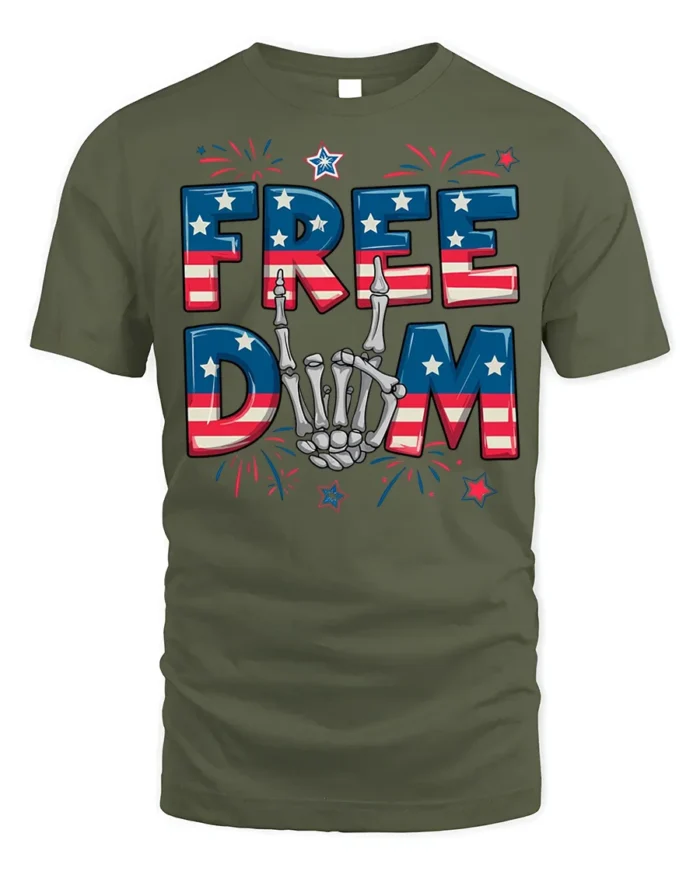 Freedom Skeleton Hand USA Flag T-Shirt - military green t-shirt on white background