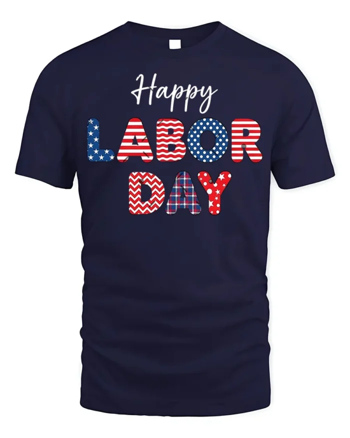Happy Labor Day T-Shirt with USA Patterns - navy t-shirt on white background