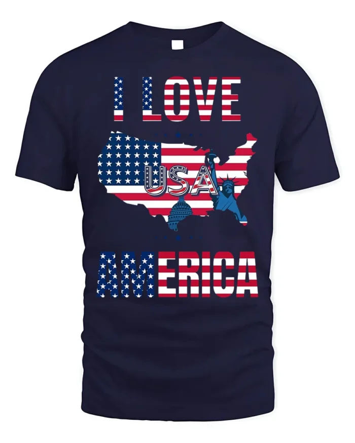 I Love America USA Flag Patriotic T-Shirt - navy t-shirt on white background