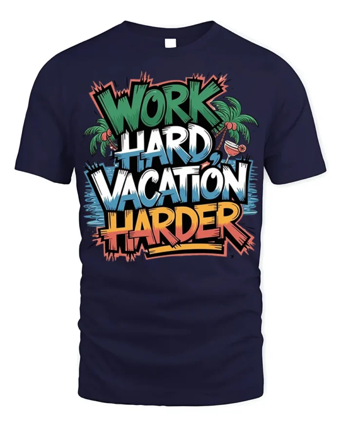 Work Hard Vacation Harder Graphic T-Shirt - navy t-shirt on white background