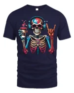 Colorful Coffee Skeleton Headphones T-Shirt - navy t-shirt on white background
