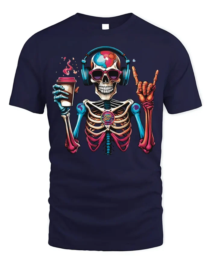 Colorful Coffee Skeleton Headphones T-Shirt - navy t-shirt on white background