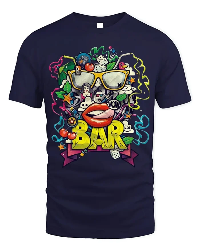 Retro Pop Art BAR Graphic T-Shirt for Adults - navy t-shirt on white background