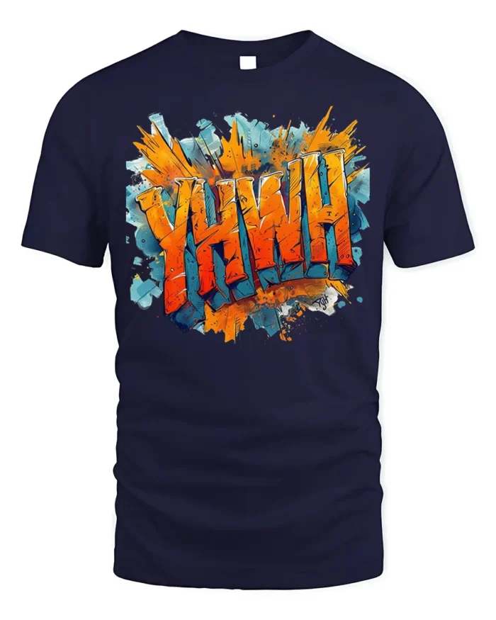 YHWH Graffiti Style Christian T-Shirt - navy t-shirt on white background