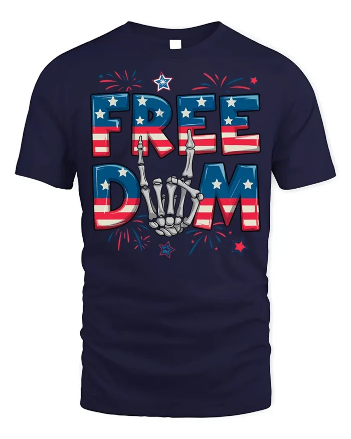 Freedom Skeleton Hand USA Flag T-Shirt - navy t-shirt on white background