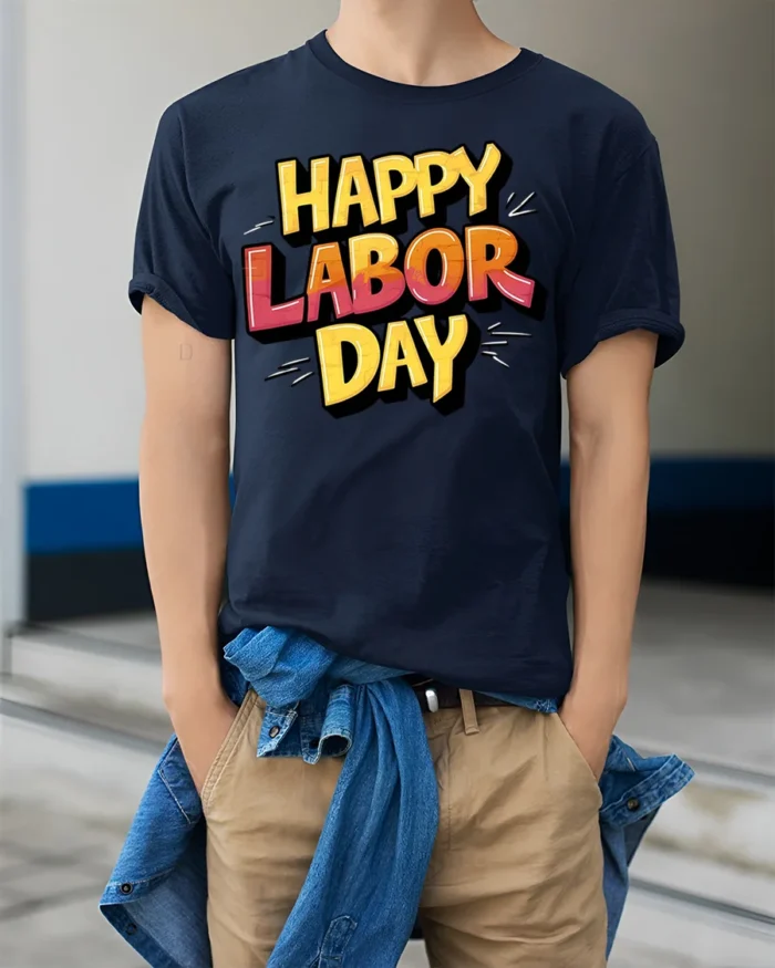 Bold Happy Labor Day Graphic T-Shirt USA - model wearing navy shirt, hands in pockets
