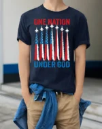 One Nation Under God Patriotic Jet T-Shirt - model wearing navy shirt, hands in pockets