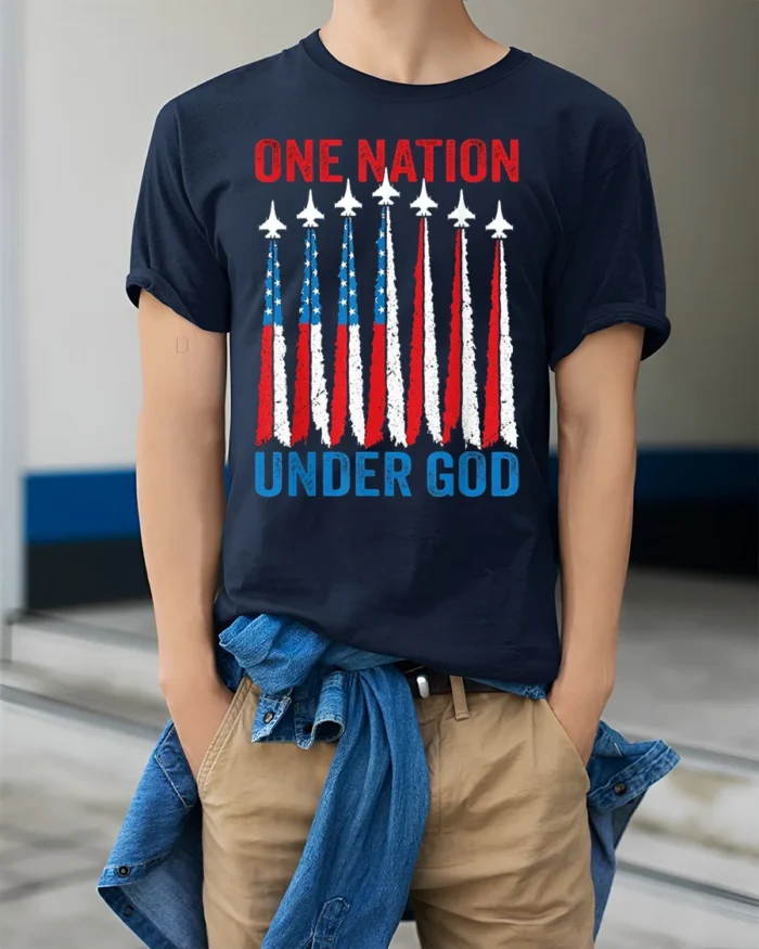 One Nation Under God Patriotic Jet T-Shirt - model wearing navy shirt, hands in pockets