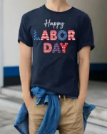 Happy Labor Day T-Shirt with USA Patterns - model wearing navy shirt, hands in pockets