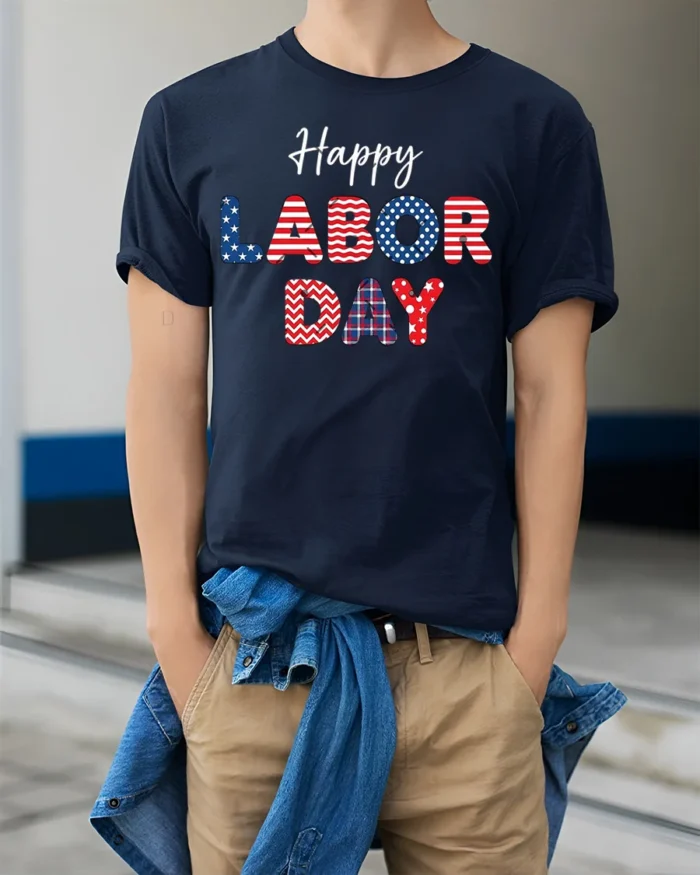 Happy Labor Day T-Shirt with USA Patterns - model wearing navy shirt, hands in pockets