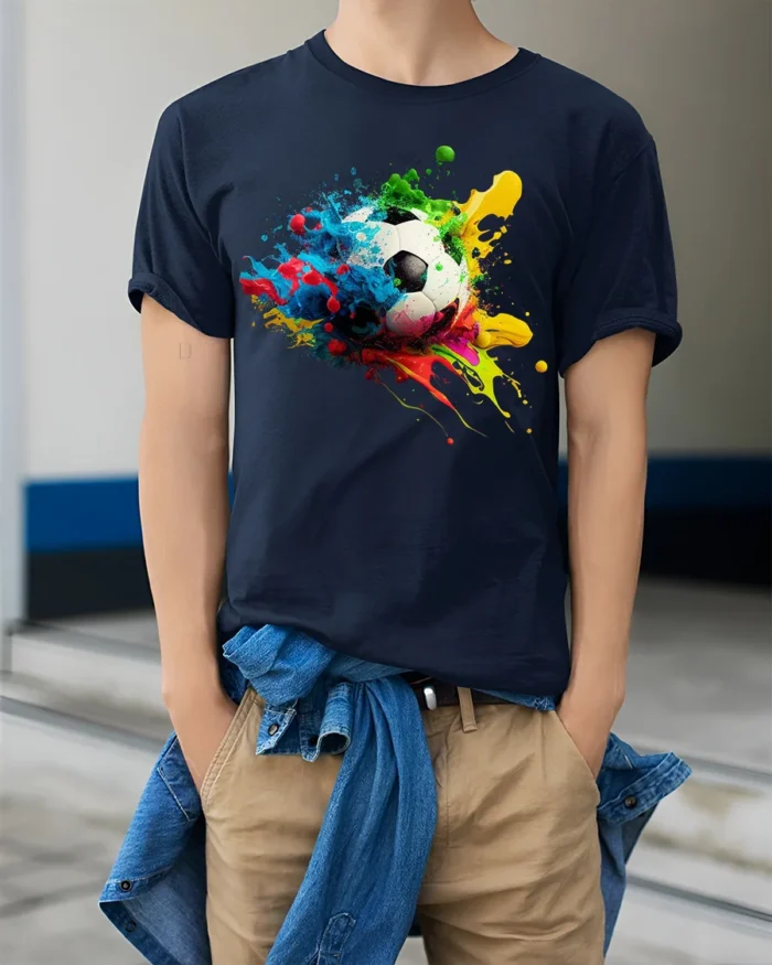 Color Splash Soccer Ball Graphic T-Shirt - model wearing navy shirt, hands in pockets