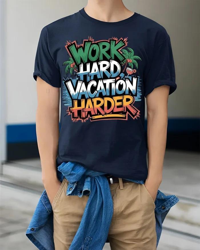 Work Hard Vacation Harder Graphic T-Shirt - model wearing navy shirt, hands in pockets