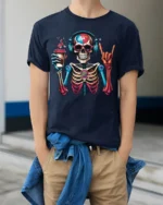 Colorful Coffee Skeleton Headphones T-Shirt - model wearing navy shirt, hands in pockets