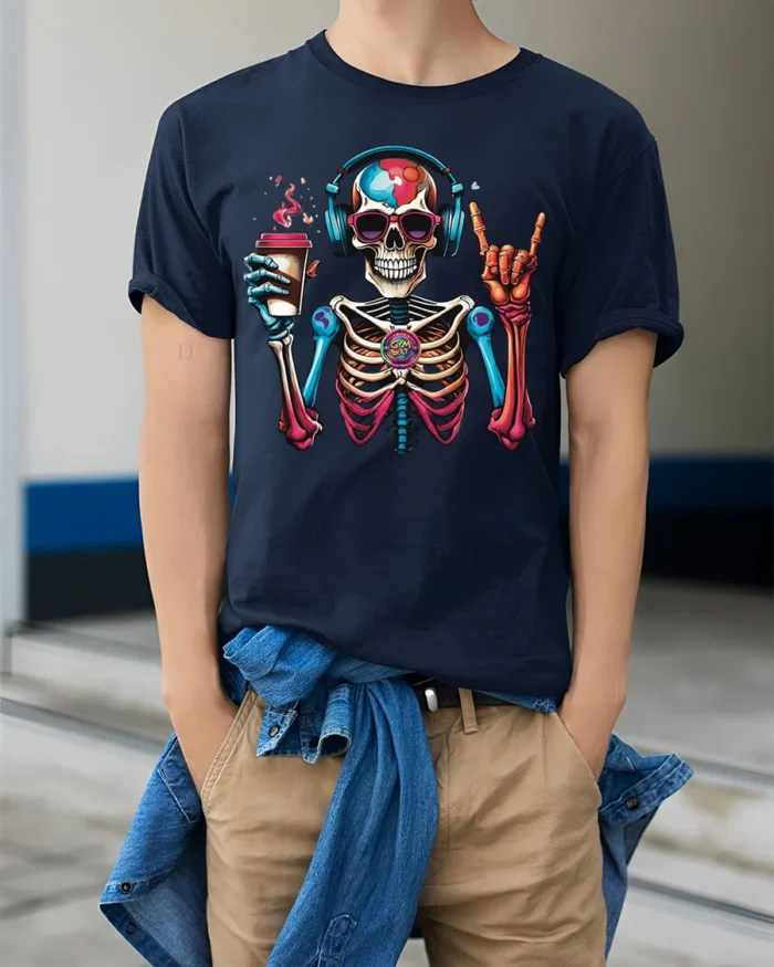 Colorful Coffee Skeleton Headphones T-Shirt - model wearing navy shirt, hands in pockets